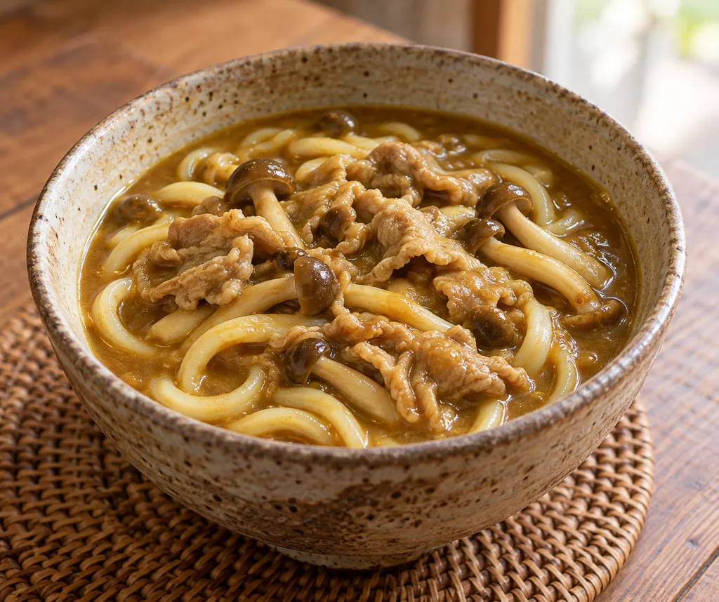 豚こま肉としめじのカレーうどんの完成イメージ