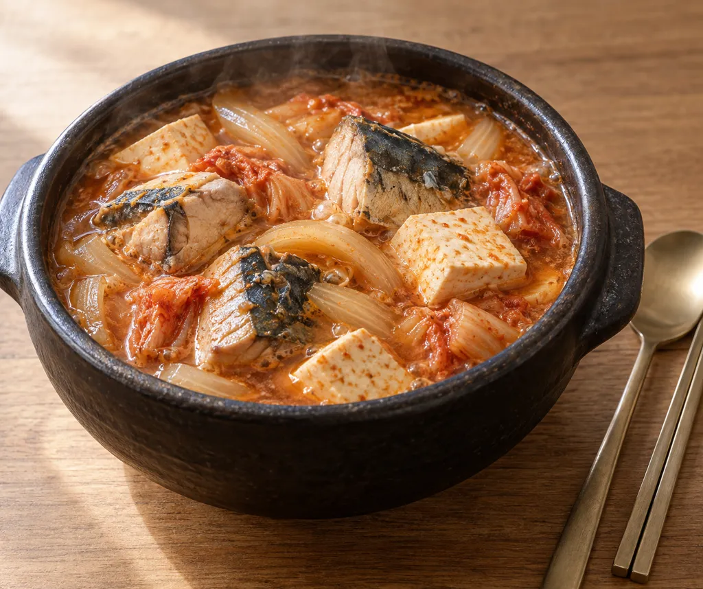 さばと豆腐の味噌キムチ鍋の完成イメージ