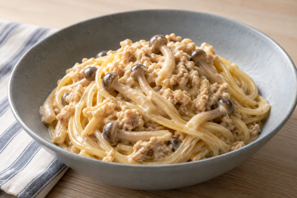 鶏ひき肉としめじの味噌クリーム風パスタの完成イメージ