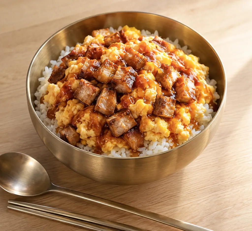 チャーシューと卵の韓国卵丼の完成イメージ