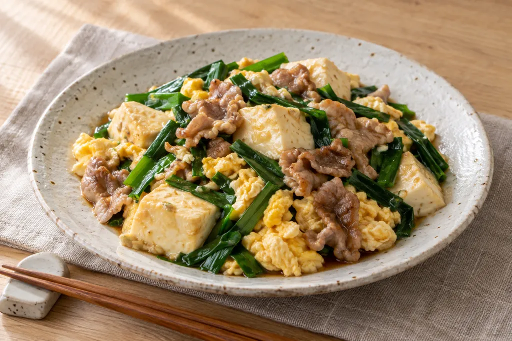 豚こま肉とニラの絹豆腐チャンプルーの完成イメージ