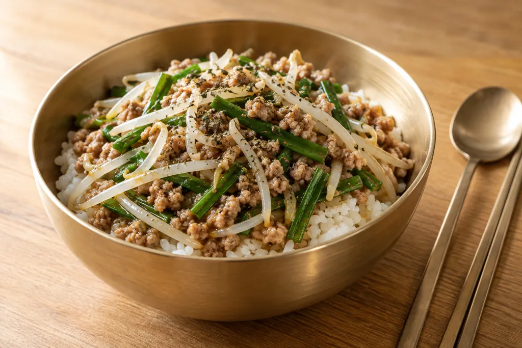 豚ひき肉ともやしのバジル炒め丼の完成イメージ