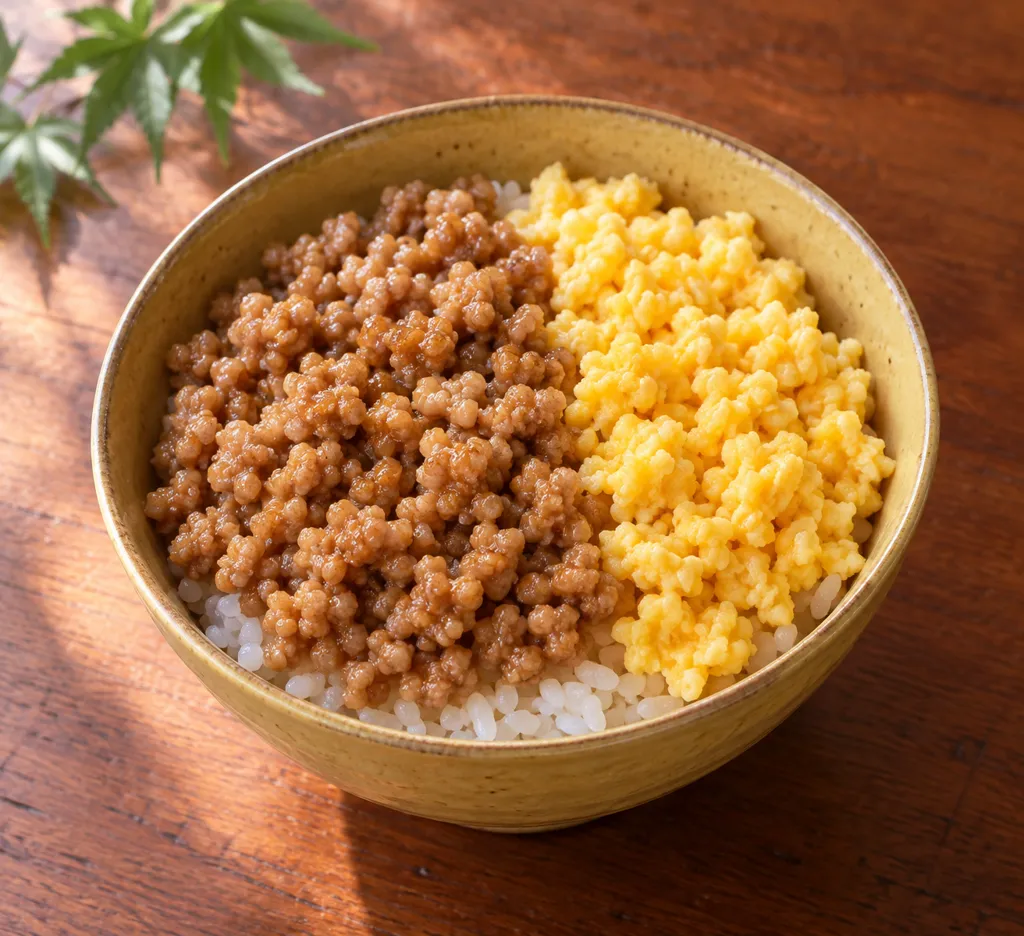 鶏肉と卵の甘辛そぼろ丼の完成イメージ