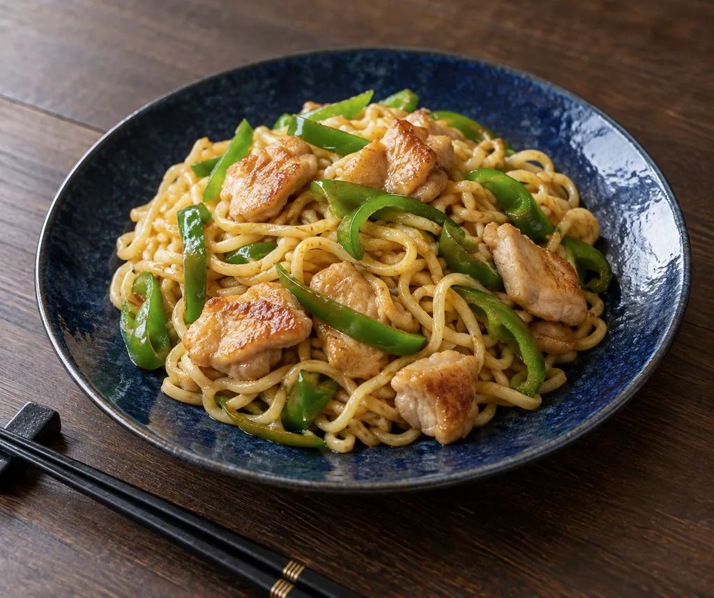 鶏もも肉とピーマンの塩焼きそばの完成イメージ
