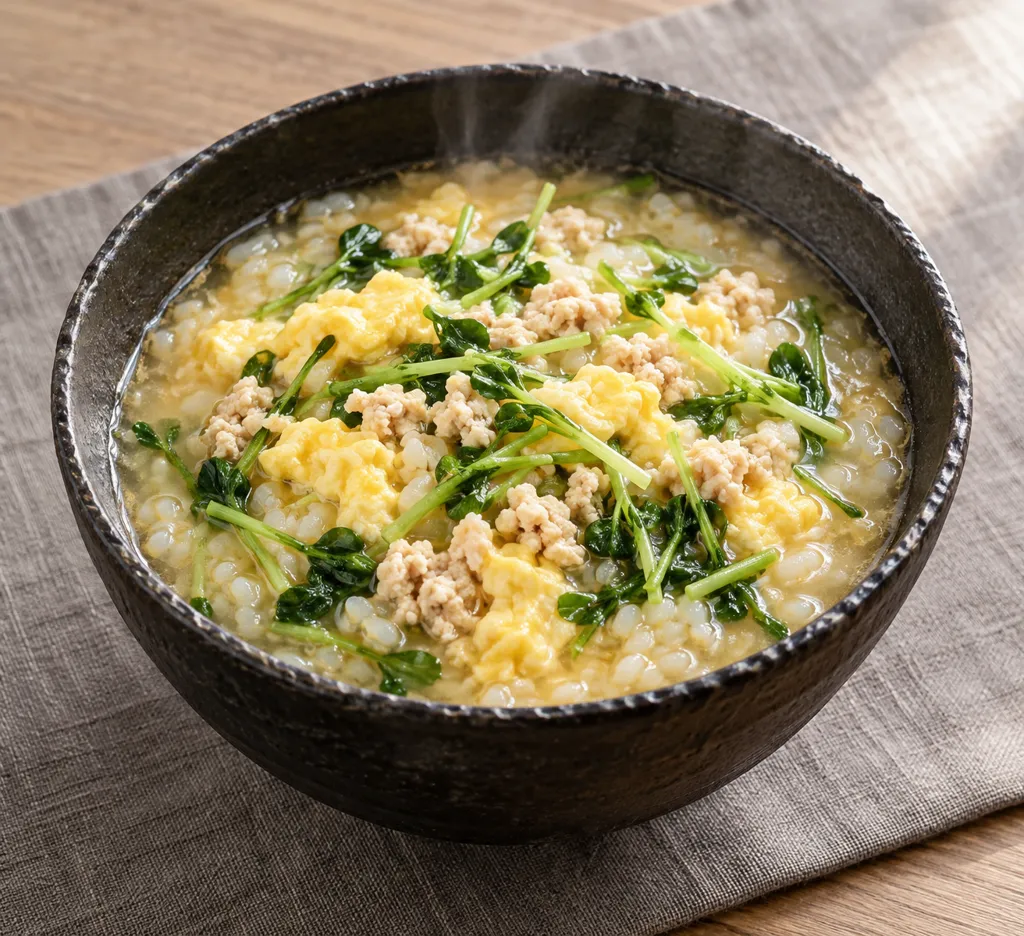 鶏ひき肉と豆苗の卵雑炊の完成イメージ