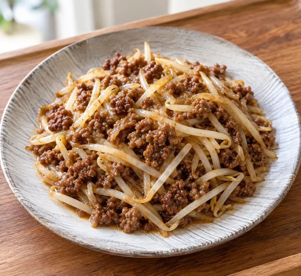 牛ひき肉ともやしのにんにく味噌炒めの完成イメージ
