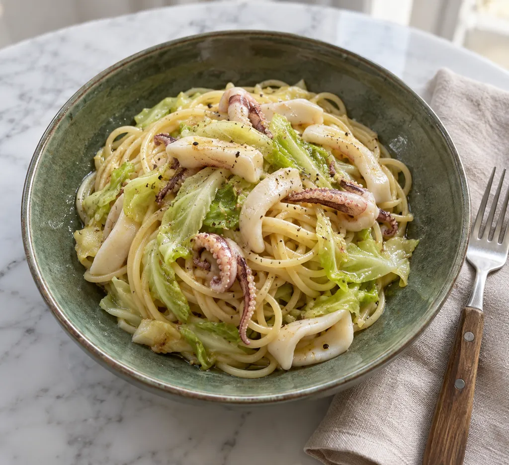 いかとキャベツのペペロン風パスタの完成イメージ