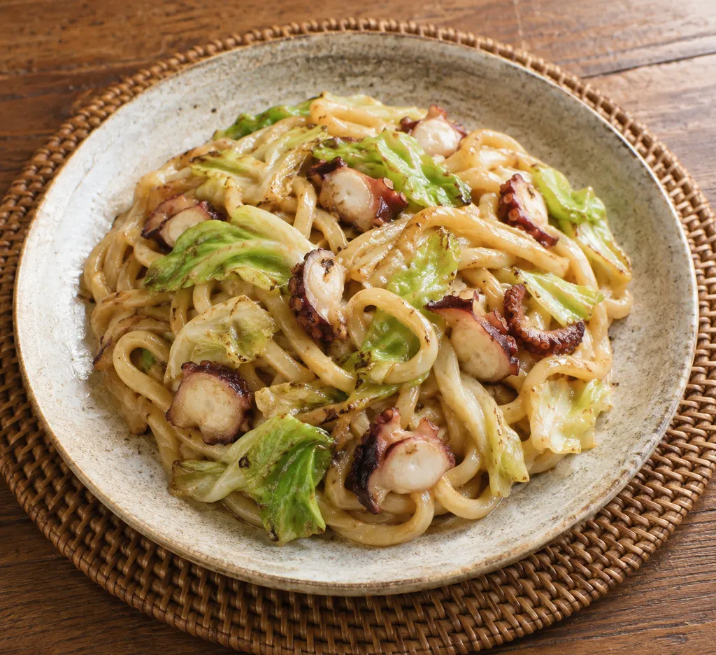 たことキャベツの醤油マヨ焼きうどんの完成イメージ