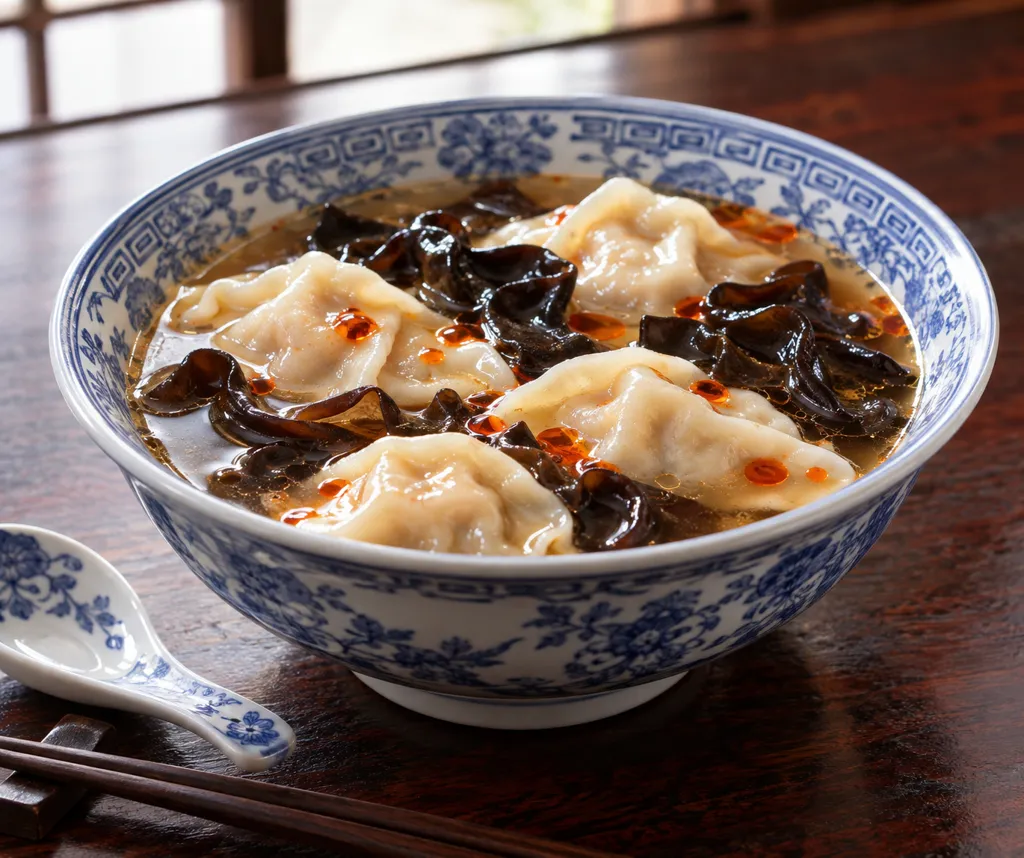 冷凍餃子ときくらげの旨辛水餃子スープの完成イメージ