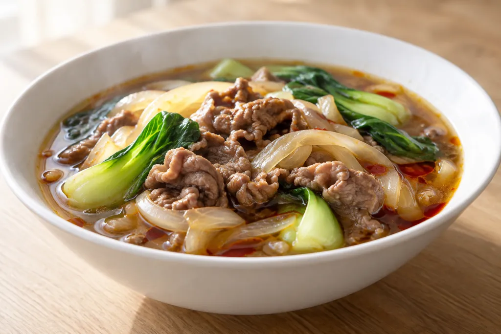 牛こま肉と玉ねぎの酸菜風鍋の完成イメージ