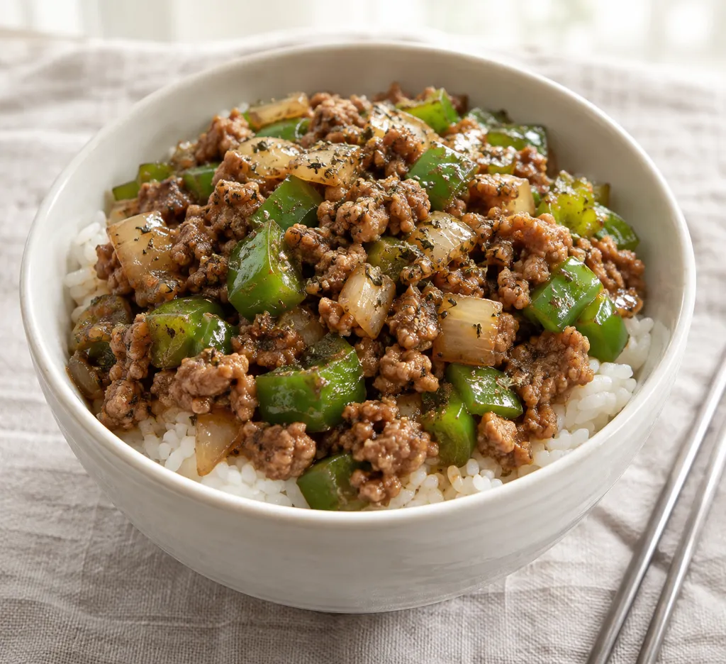 ひき肉とピーマンのバジル炒めごはんの完成イメージ