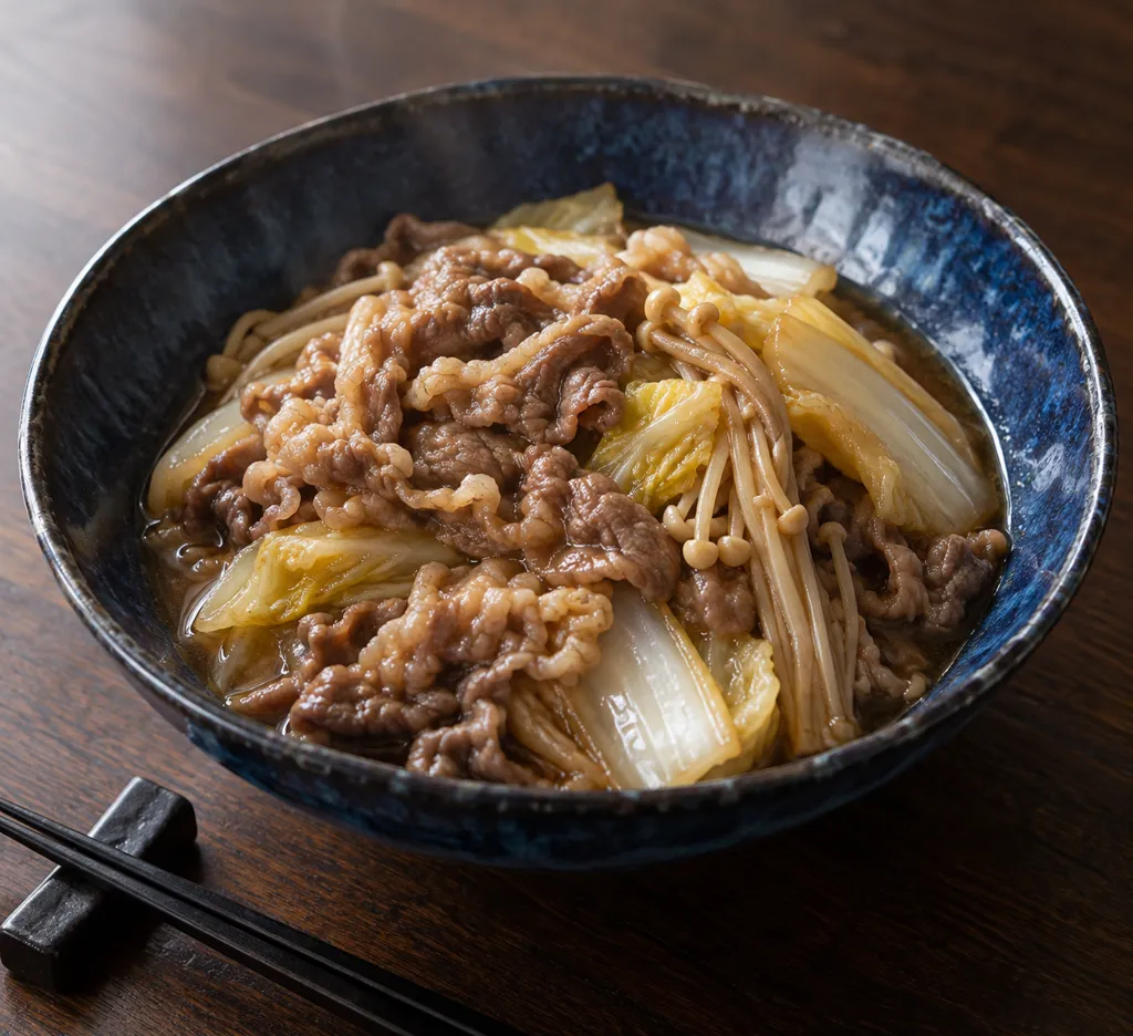 時短牛バラ肉と白菜のすき焼き風煮の完成イメージ