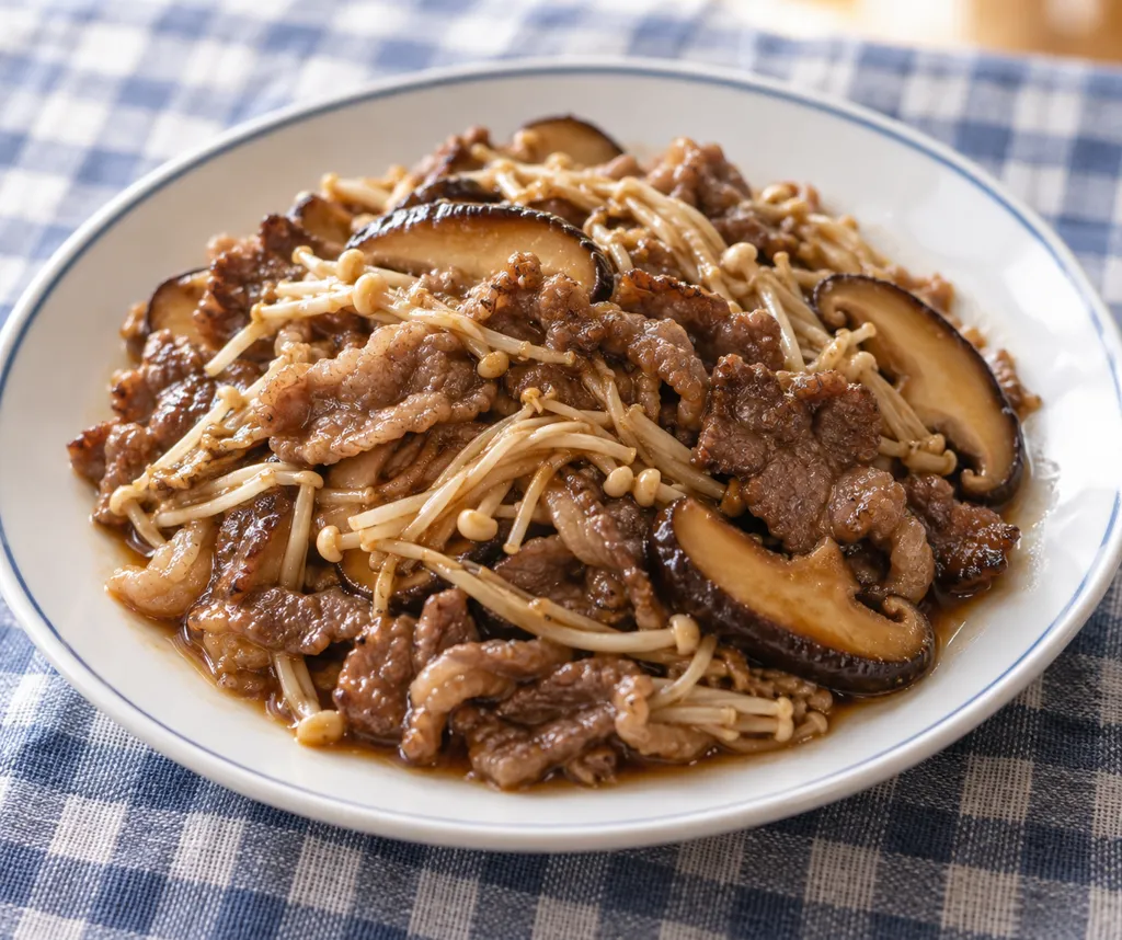 牛バラ肉とえのきとしいたけの醤油炒めの完成イメージ
