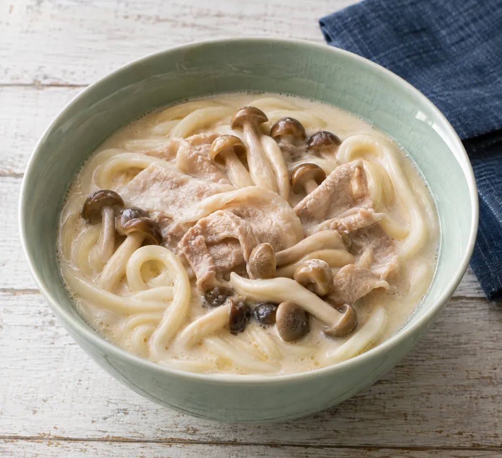 豚バラ肉としめじの豆乳うどんの完成イメージ