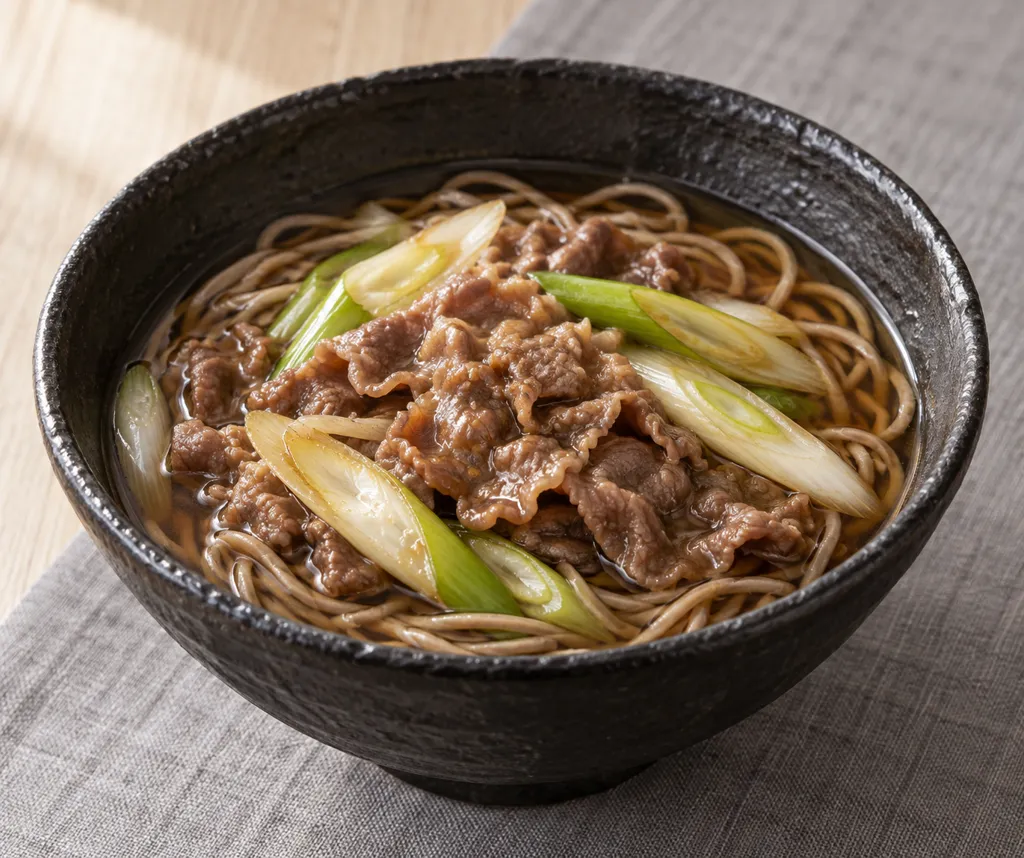牛薄切り肉とねぎの甘辛肉そばの完成イメージ