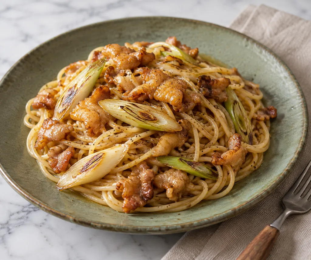 鶏皮とねぎのガーリックパスタの完成イメージ