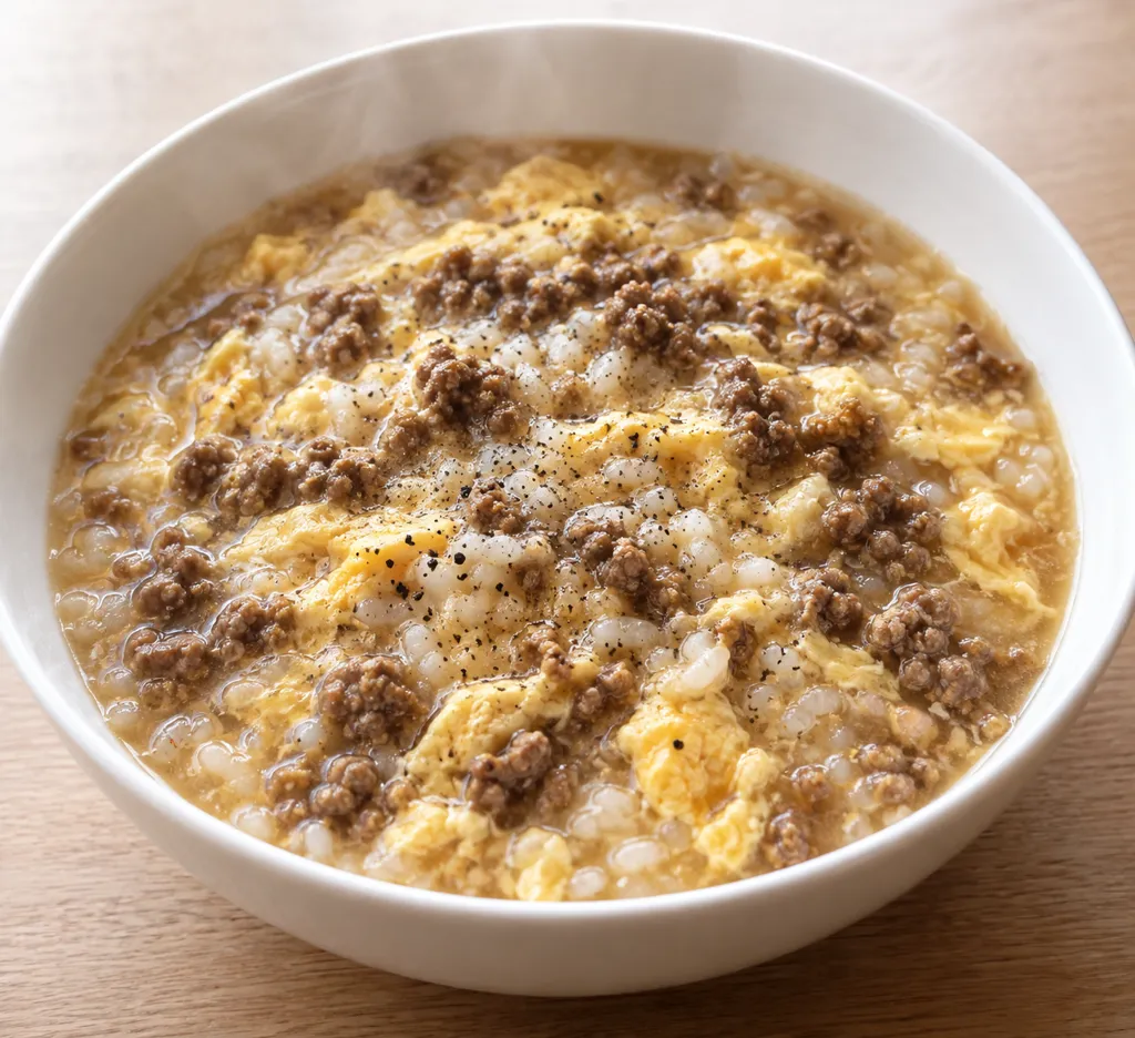 牛ひき肉と卵の中華雑炊の完成イメージ