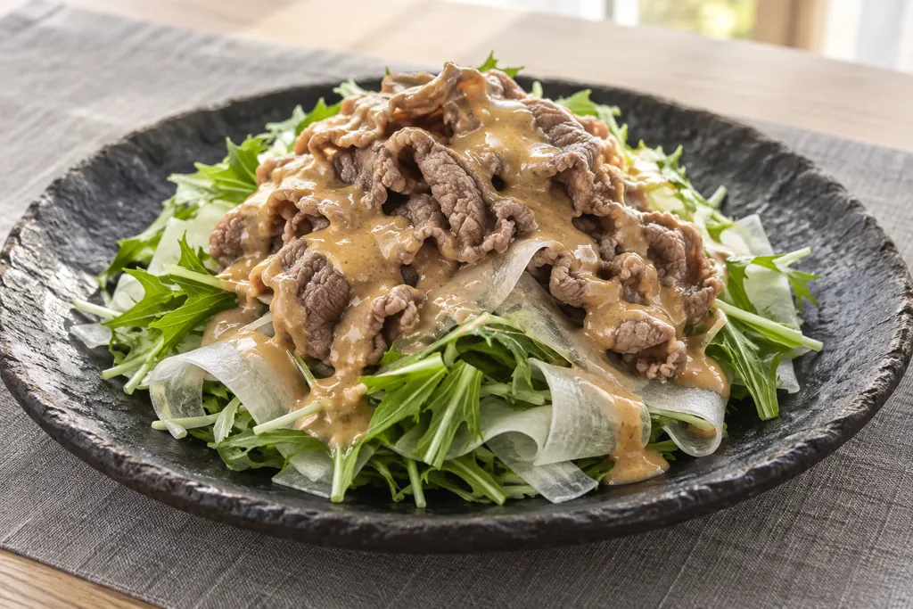 牛薄切り肉と水菜の冷しゃぶごまだれの完成イメージ