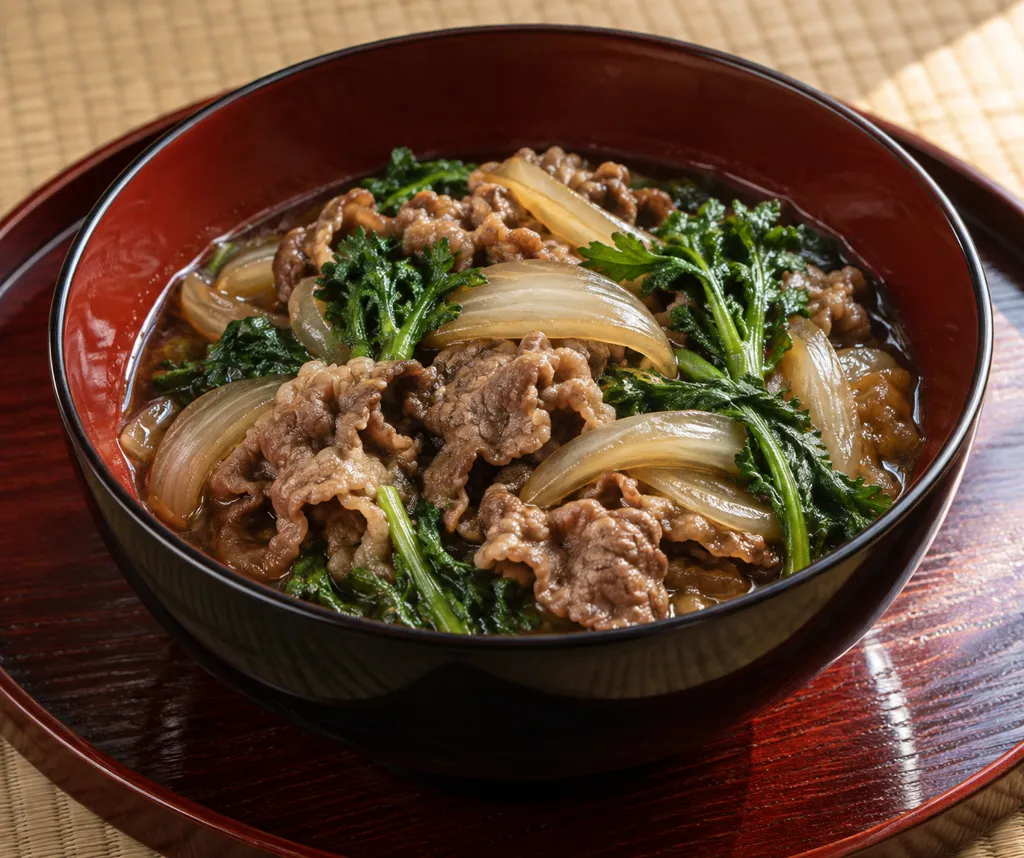 時短牛肉と春菊のすき焼き風煮の完成イメージ