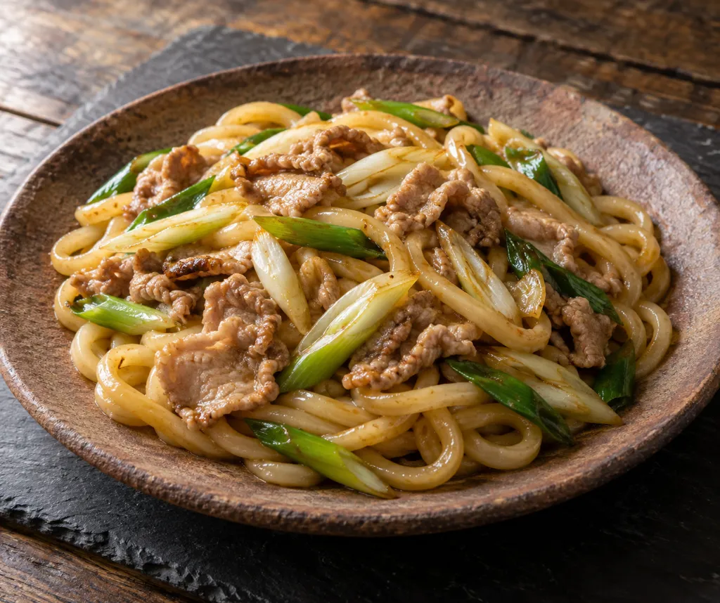 時短豚こま肉とねぎの和風焼きうどんの完成イメージ