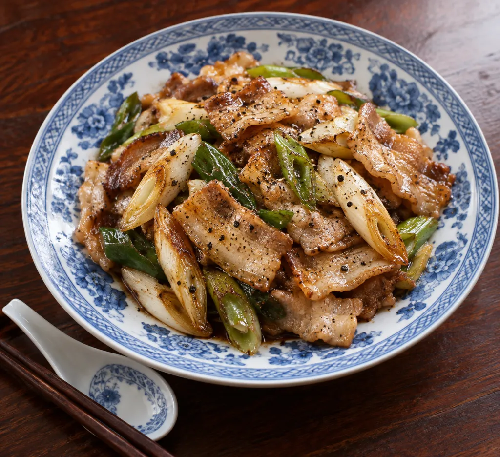 豚バラ肉とねぎの黒こしょう炒めの完成イメージ