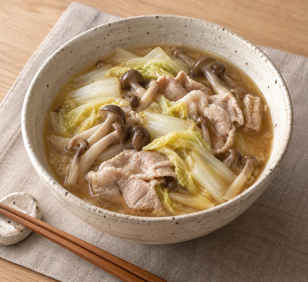 時短豚もも肉としめじの味噌鍋の完成イメージ