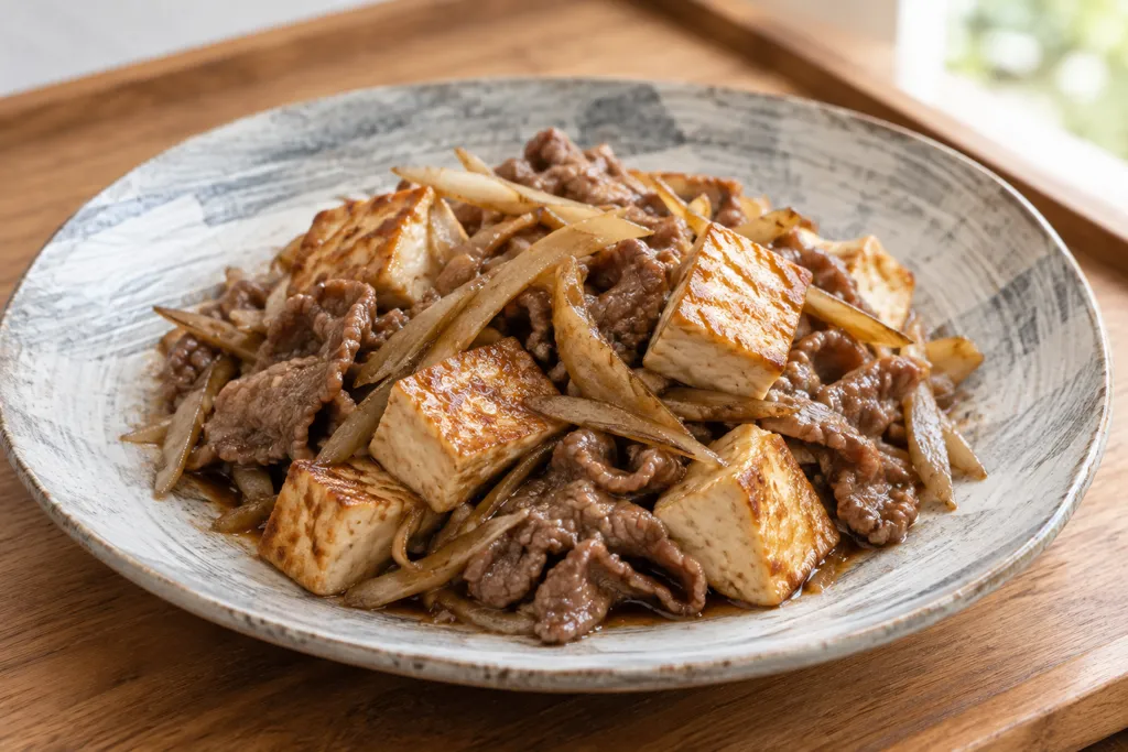 牛薄切り肉とごぼうの豆腐炒めの完成イメージ