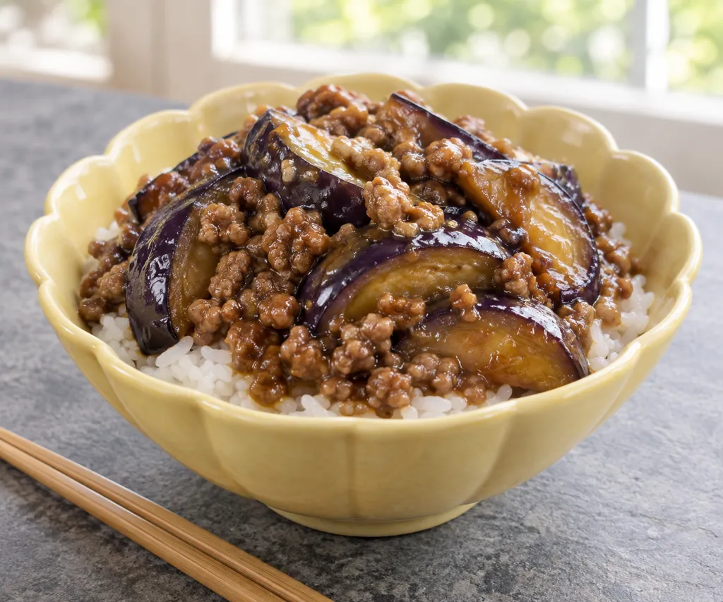 豚ひき肉となすの中華かけごはんの完成イメージ