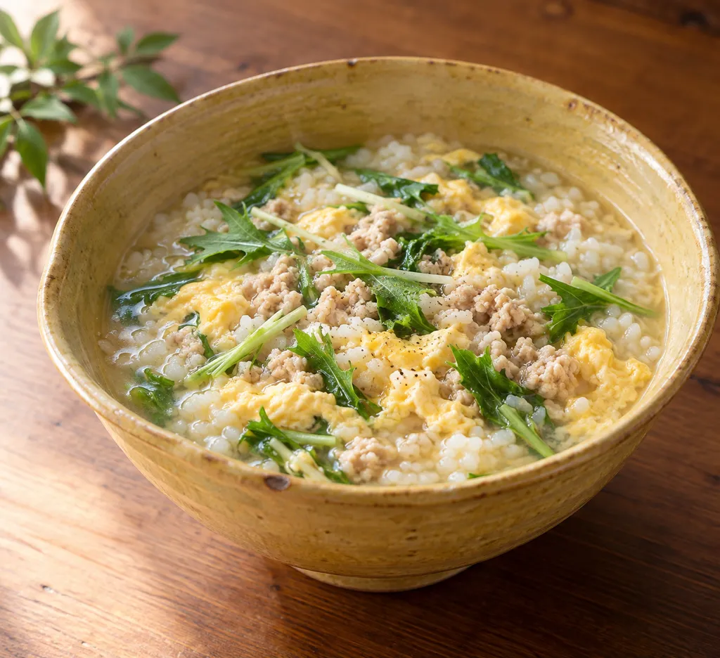 鶏ひき肉と水菜の卵雑炊の完成イメージ