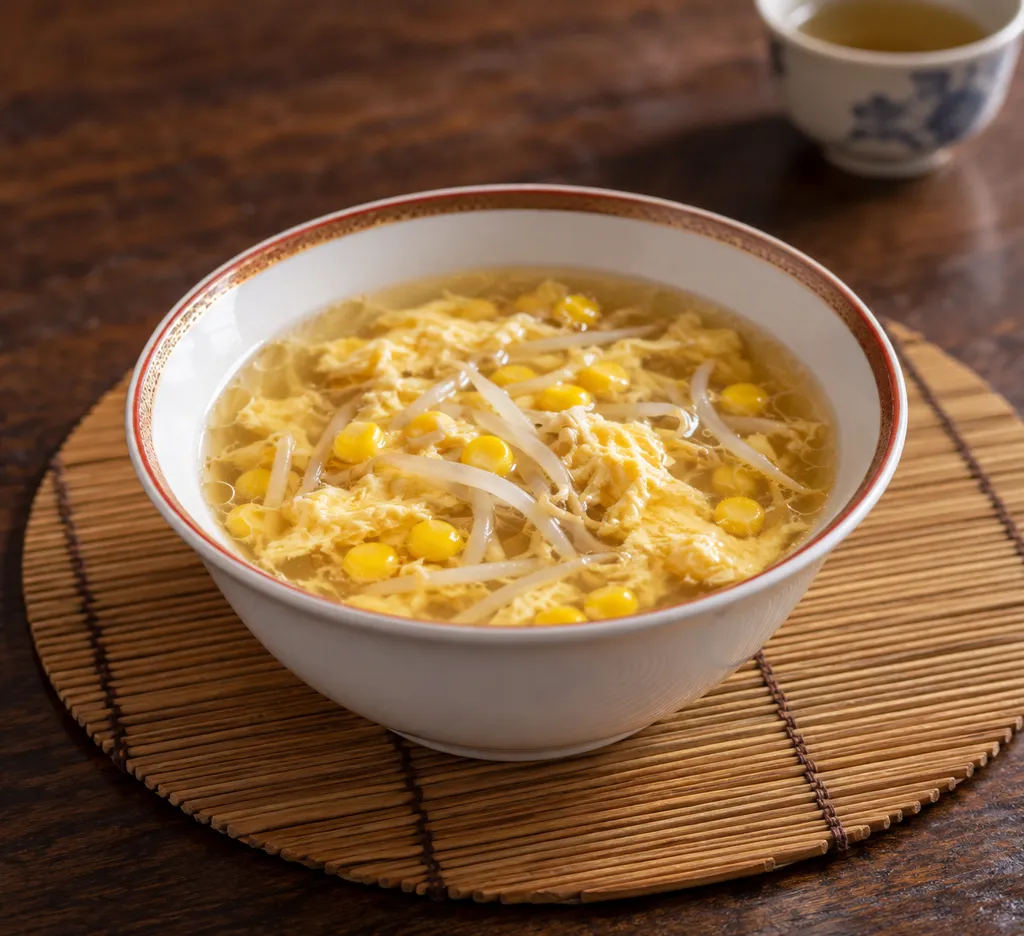 もやしととうもろこしの中華卵スープの完成イメージ