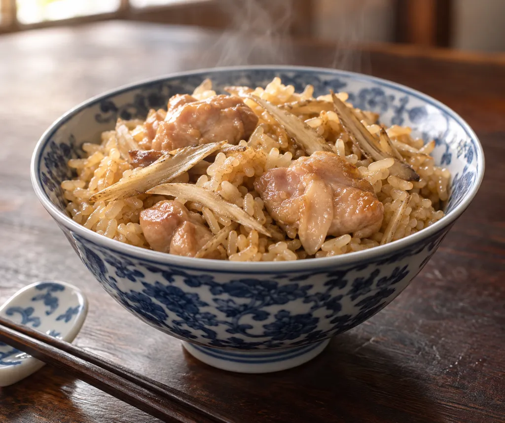 鶏もも肉とごぼうの中華炊き込みご飯の完成イメージ