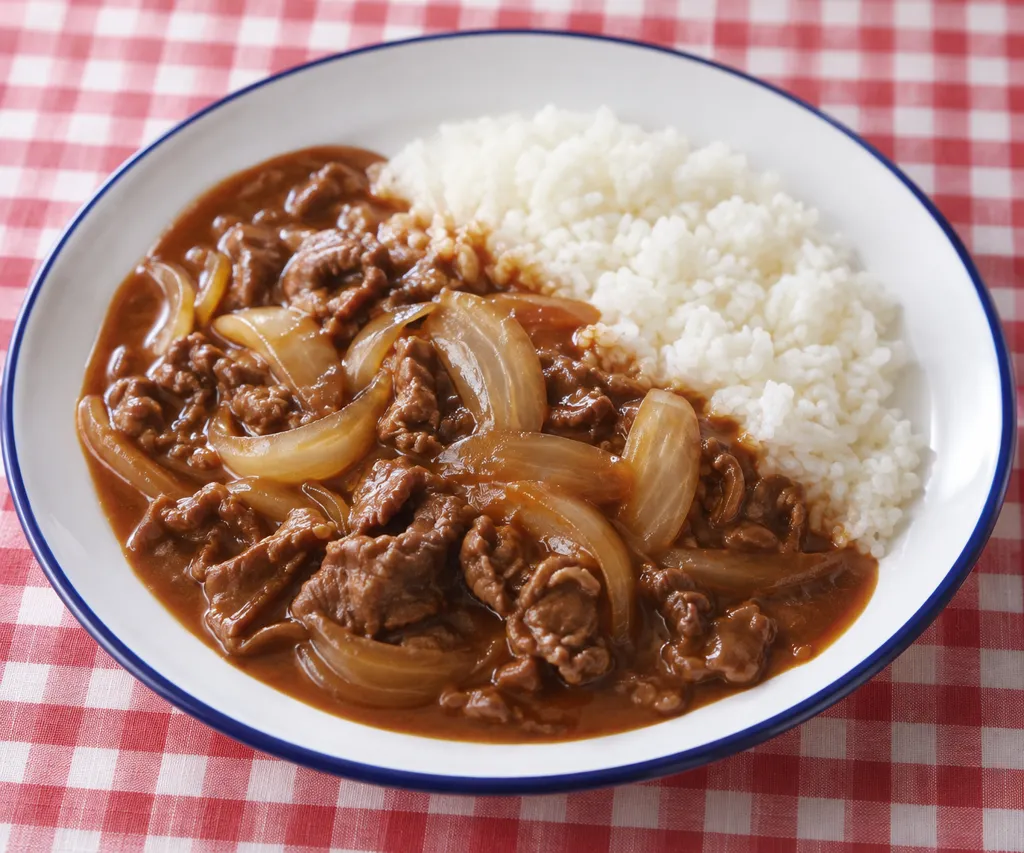 牛薄切り肉と新玉ねぎのハヤシライスの完成イメージ
