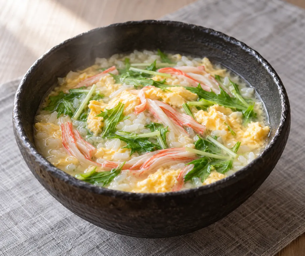 かにかまと水菜の卵雑炊の完成イメージ