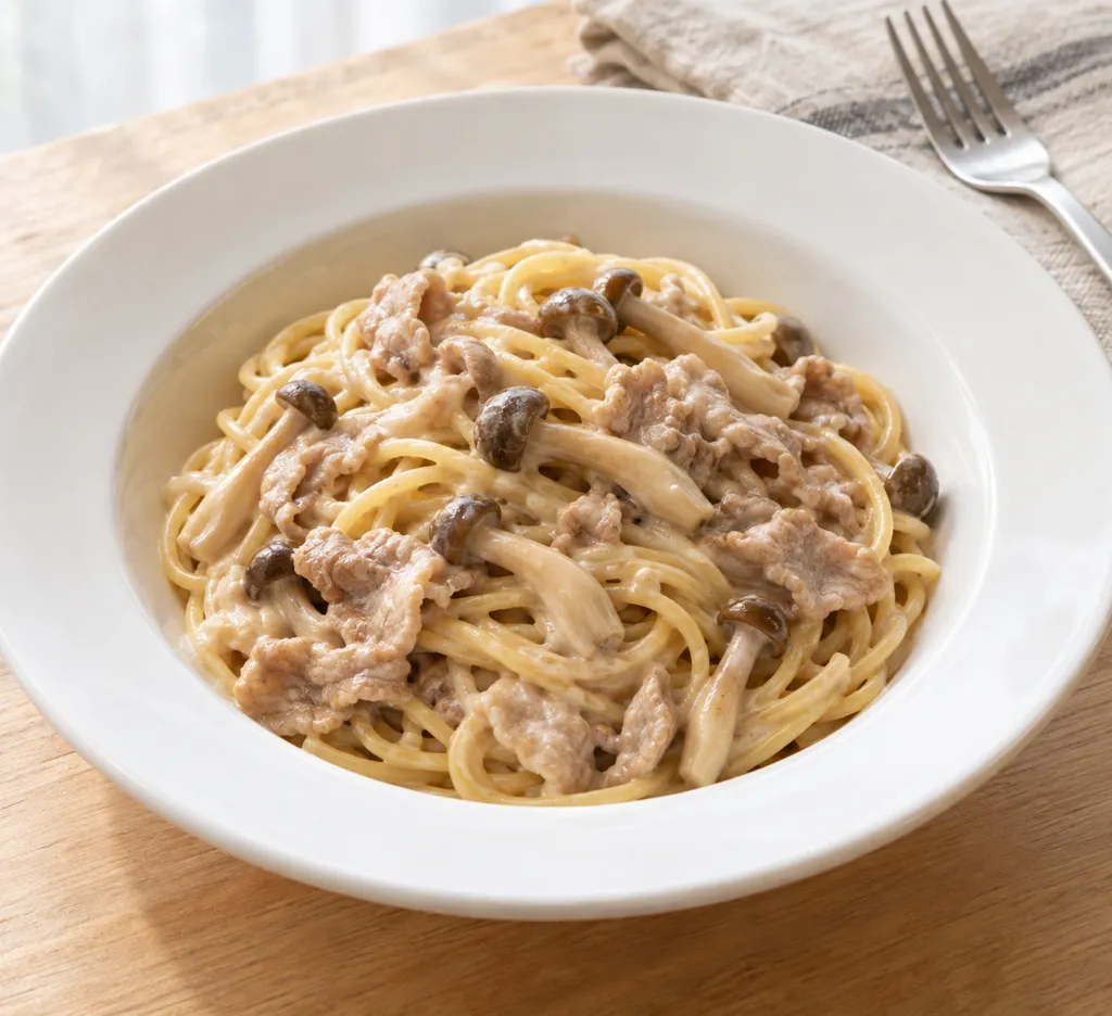 豚こま肉としめじのクリーム風パスタの完成イメージ