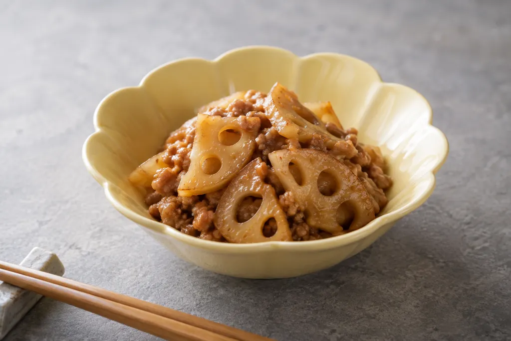 れんこんと鶏ひき肉の黒酢炒めの完成イメージ