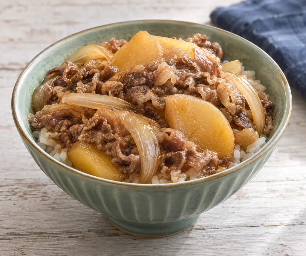 じゃがいもと玉ねぎの牛バラ丼の完成イメージ