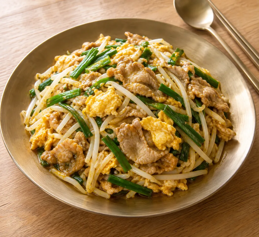 豚こま肉ともやしのタイ風カレー卵炒めの完成イメージ