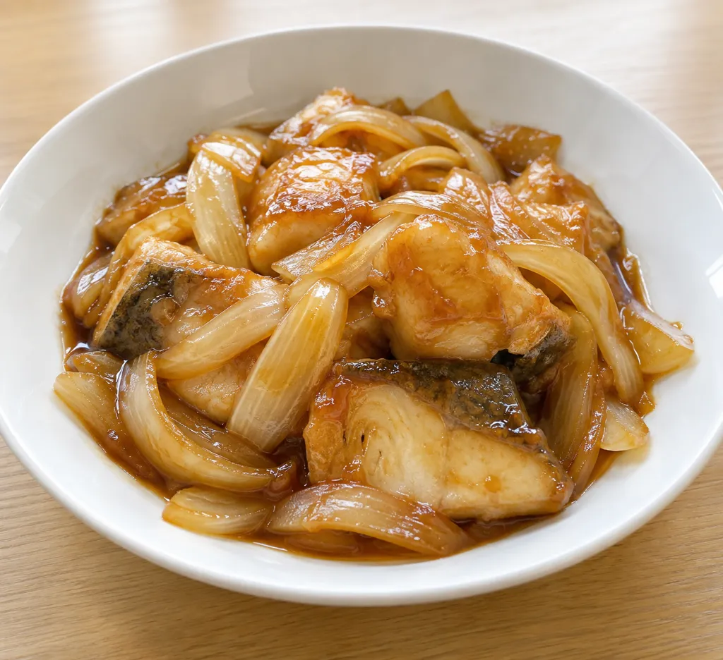 たらと玉ねぎの黒酢あんの完成イメージ