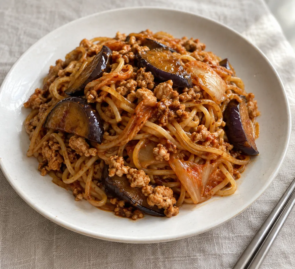 鶏ひき肉となすのキムチ焼き麺の完成イメージ