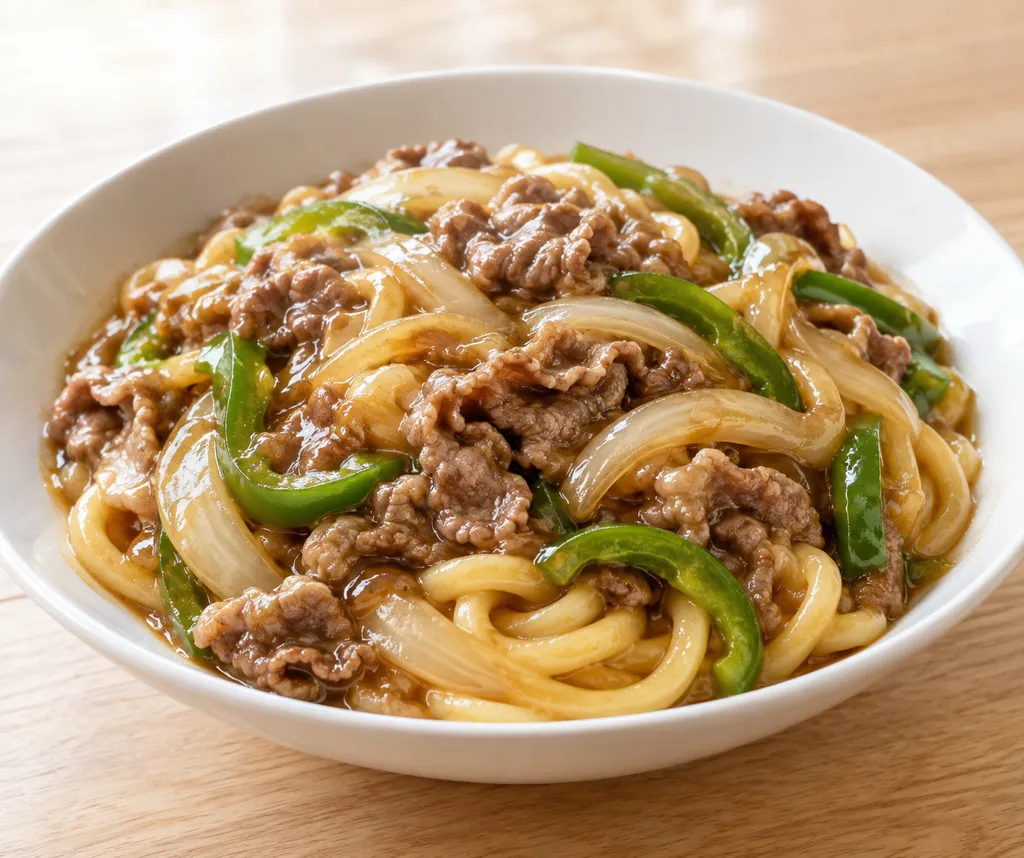牛こま肉と玉ねぎの中華あんかけうどんの完成イメージ