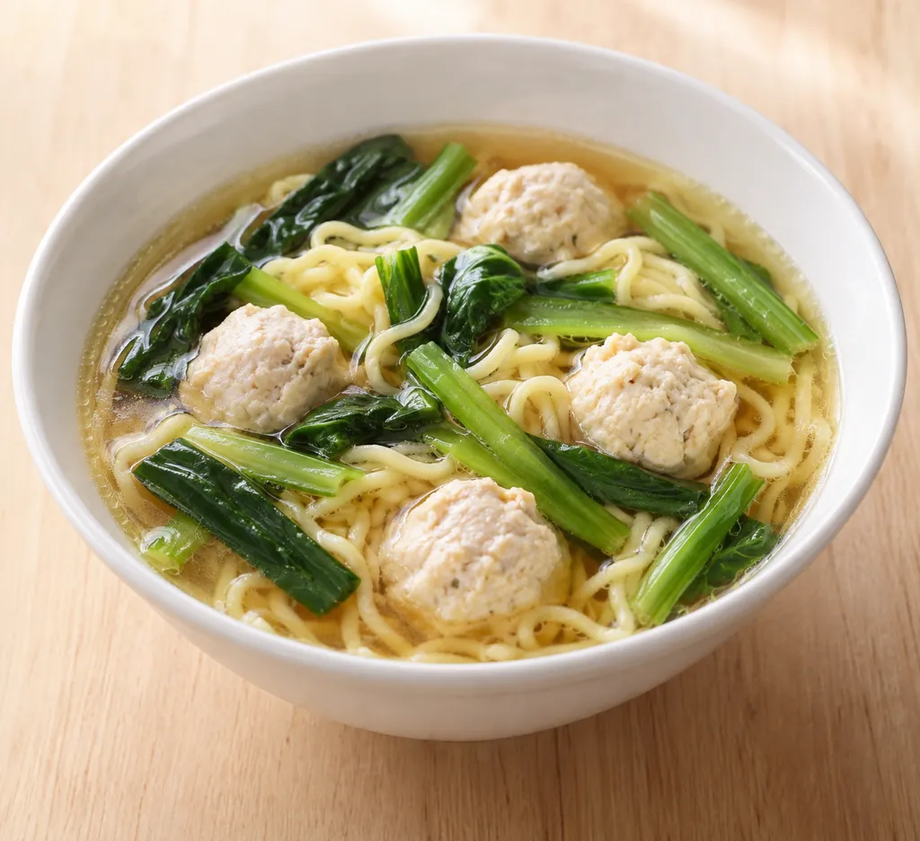 鶏団子と小松菜の中華スープ麺の完成イメージ