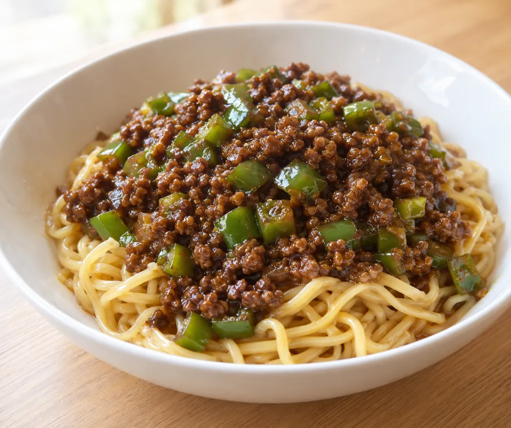 牛ひき肉とピーマンのジャージャー麺の完成イメージ