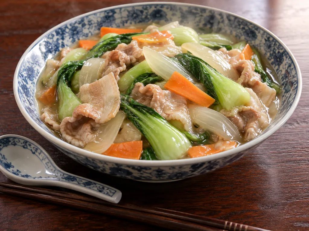 豚バラ肉とチンゲン菜の八宝菜あんの完成イメージ