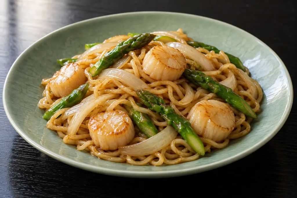 ほたてとアスパラガスの中華焼き麺の完成イメージ