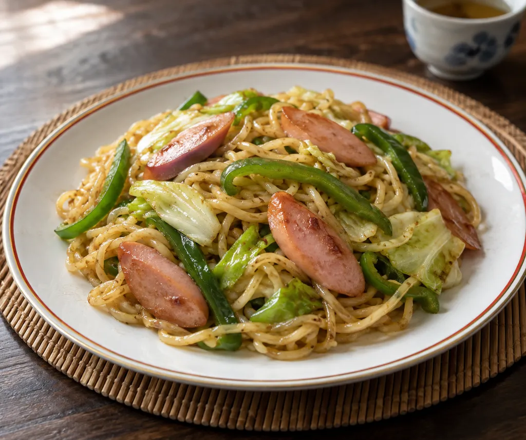 魚肉ソーセージとキャベツの中華焼き麺の完成イメージ