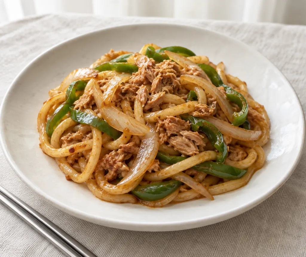 ツナとピーマンの辛口焼きうどんの完成イメージ