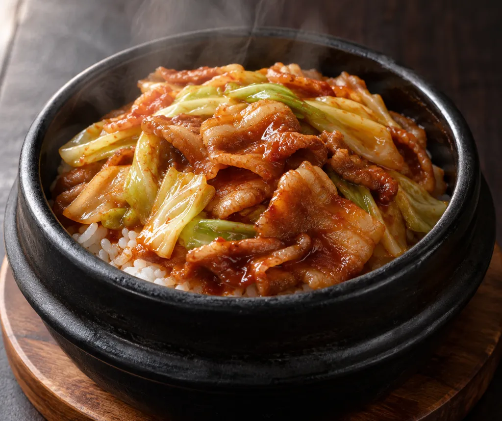 時短豚バラ肉とキャベツの韓国甘辛丼の完成イメージ