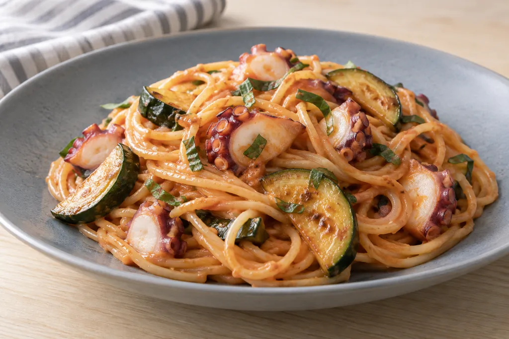 たことズッキーニのケチャップマヨパスタの完成イメージ