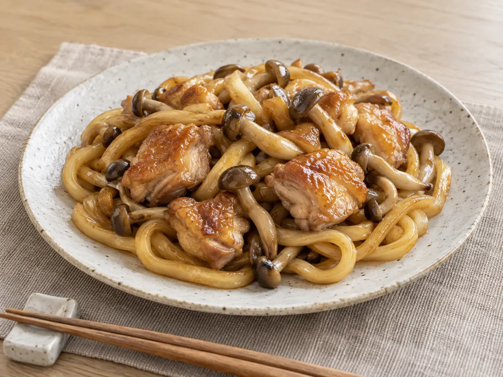 鶏もも肉としめじの和風焼きうどんの完成イメージ