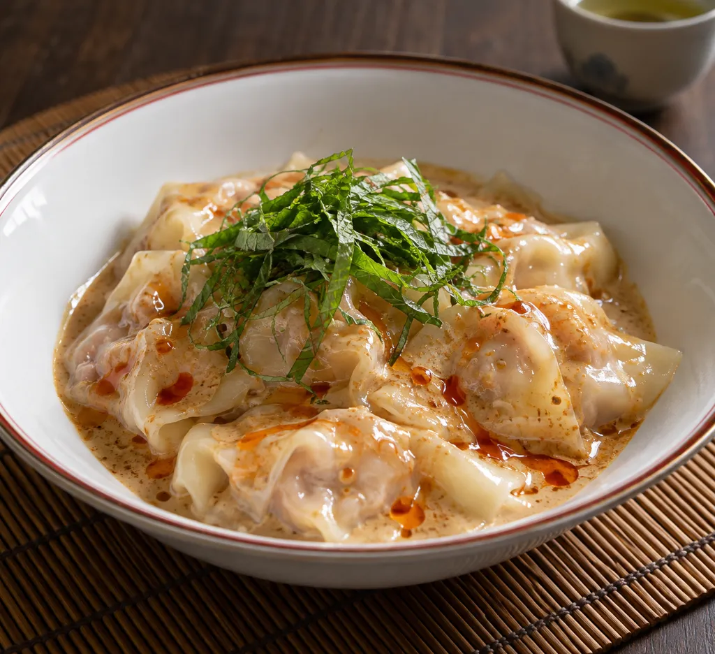 鶏ひき肉と大葉のワンタンごまだれの完成イメージ